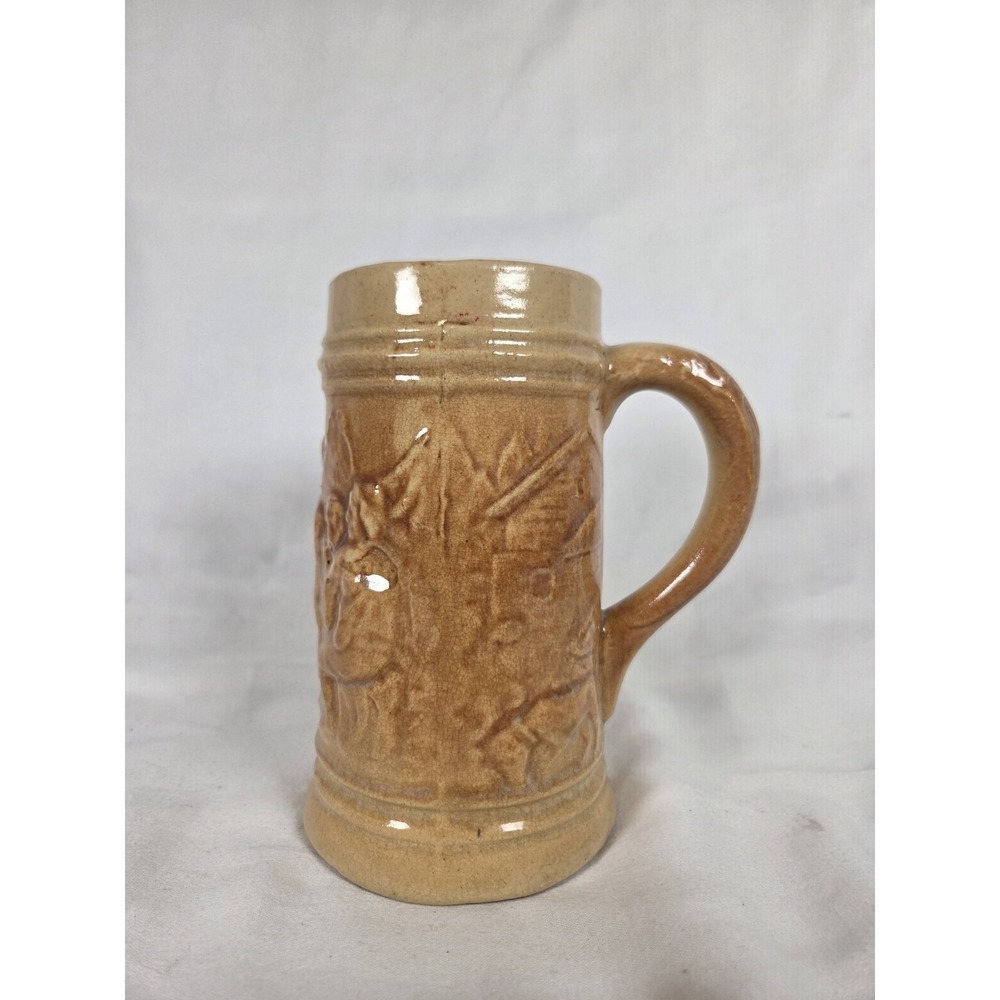 Antique 1920's Embossed Ceramic Beer Mug Brown Beige Decorated Stein